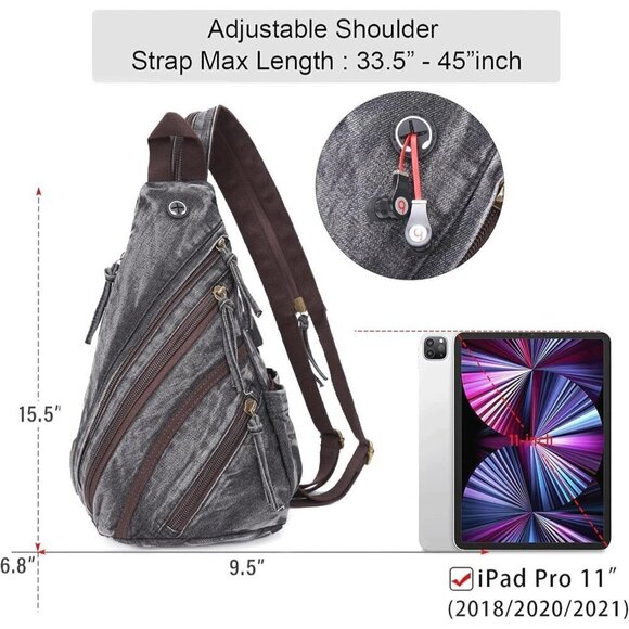 Canvas Sling Bag Jean-black Crossbody Backpack Genuine Leather Shoulder Bag - Picture 2 of 7